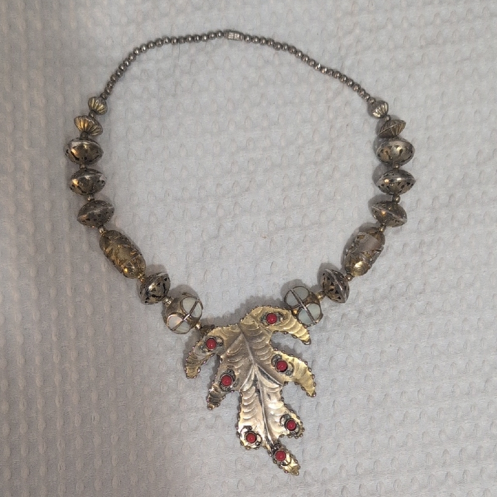 Anthropologie Silver and Gold Necklace with Leaf Pendant